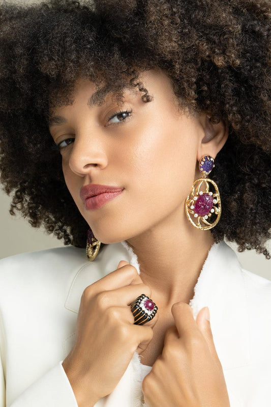 Rubellite Amethyst Earrings-YELLOW GOLD-JEWELRYFINE JEWELEARRING-DAVID WEBB