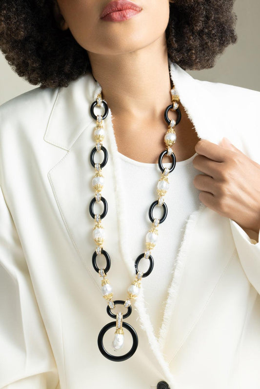 Pearl Black Link Necklace-YELLOW GOLD-JEWELRYFINE JEWELNECKLACE O-DAVID WEBB