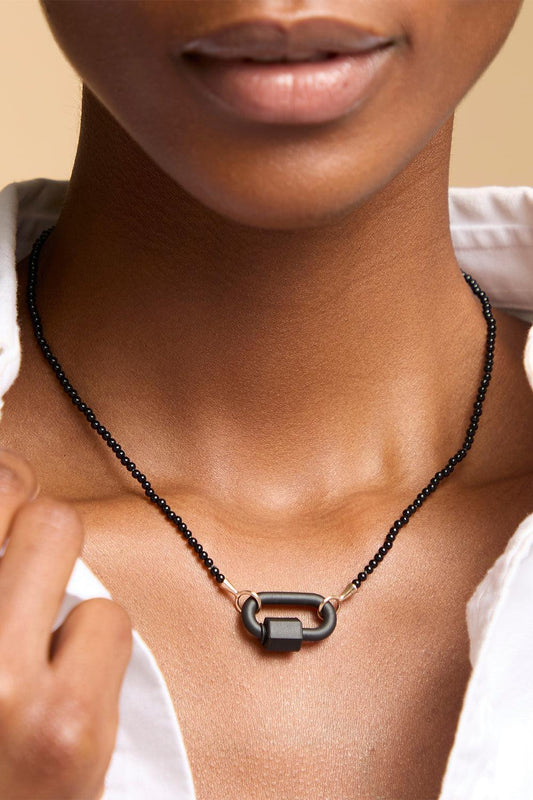 Black Agate Tone On Tone Rubber Lock Necklace-ROSE GOLD-16-JEWELRYFINE JEWELNECKLACE O-MARLA AARON