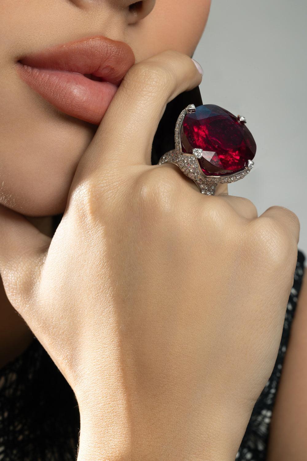 Rocky Crystal Ruby Flower Ring-WHITE GOLD-6.5-JEWELRYFINE JEWELRING-PIRANESI