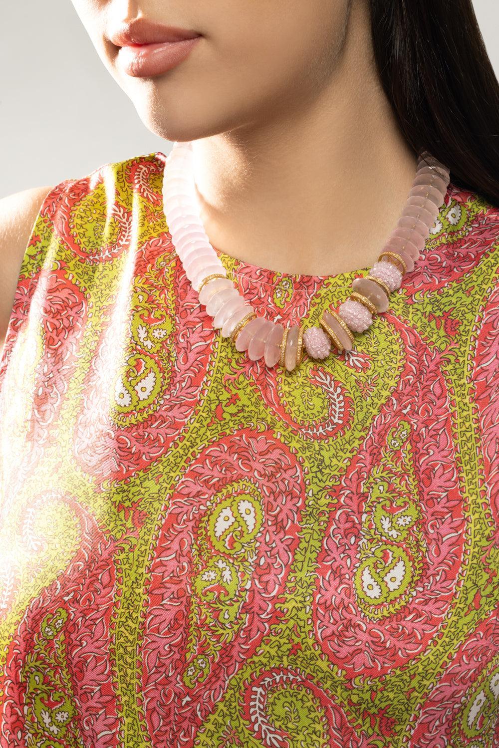 Rose Quartz Beaded Halo Necklace-YELLOW GOLD-JEWELRYFINE JEWELNECKLACE O-COOMI