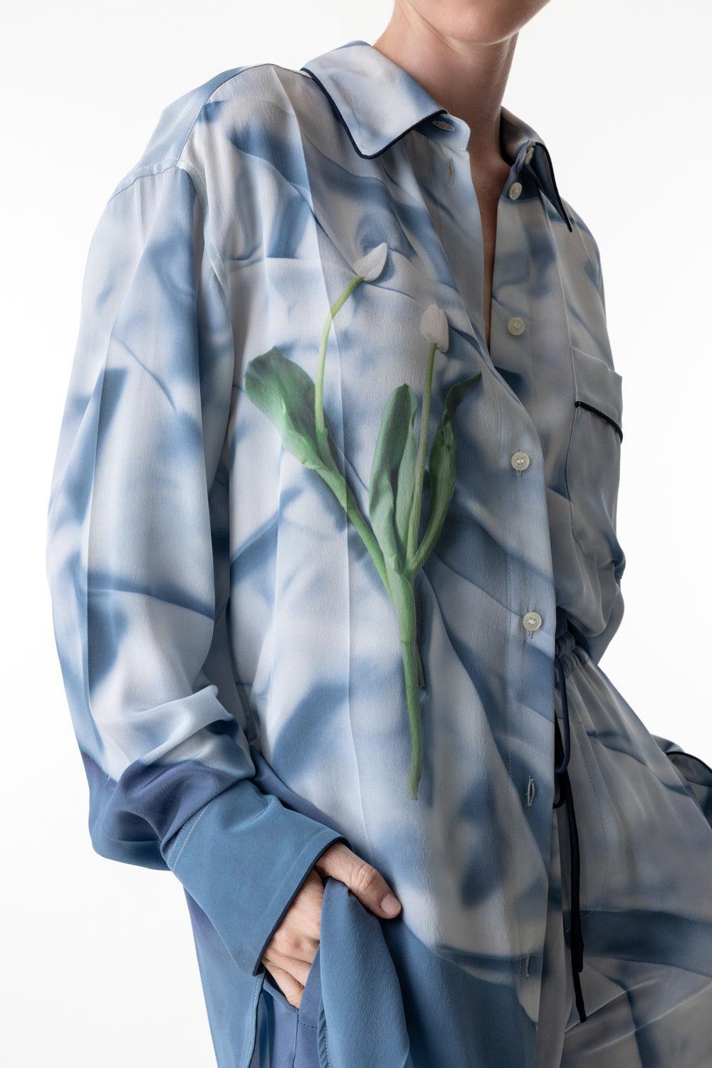 LONG SLEEVE FLOWER PYJAMA SHIRT-ICE BLUE SATIN FLOWERS-0-CLOTHINGTOPBLOUSE-VICTORIA BECKHAM