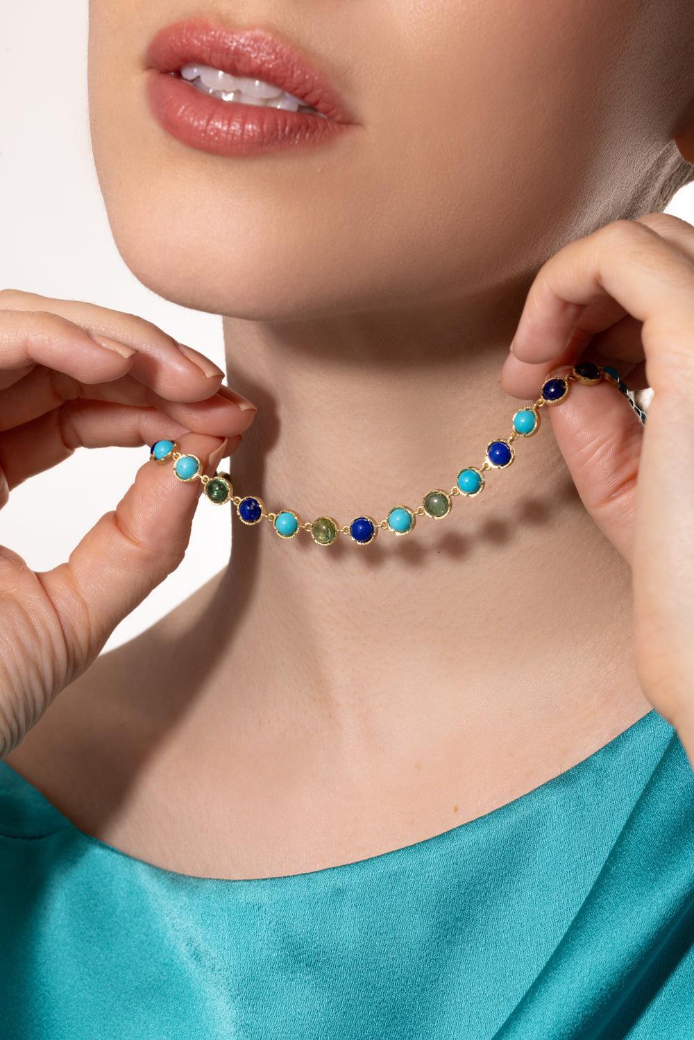 Small Classic Link Tourmaline Lapis Link Necklace-YELLOW GOLD-JEWELRYFINE JEWELNECKLACE O-IRENE NEUWIRTH JEWELRY