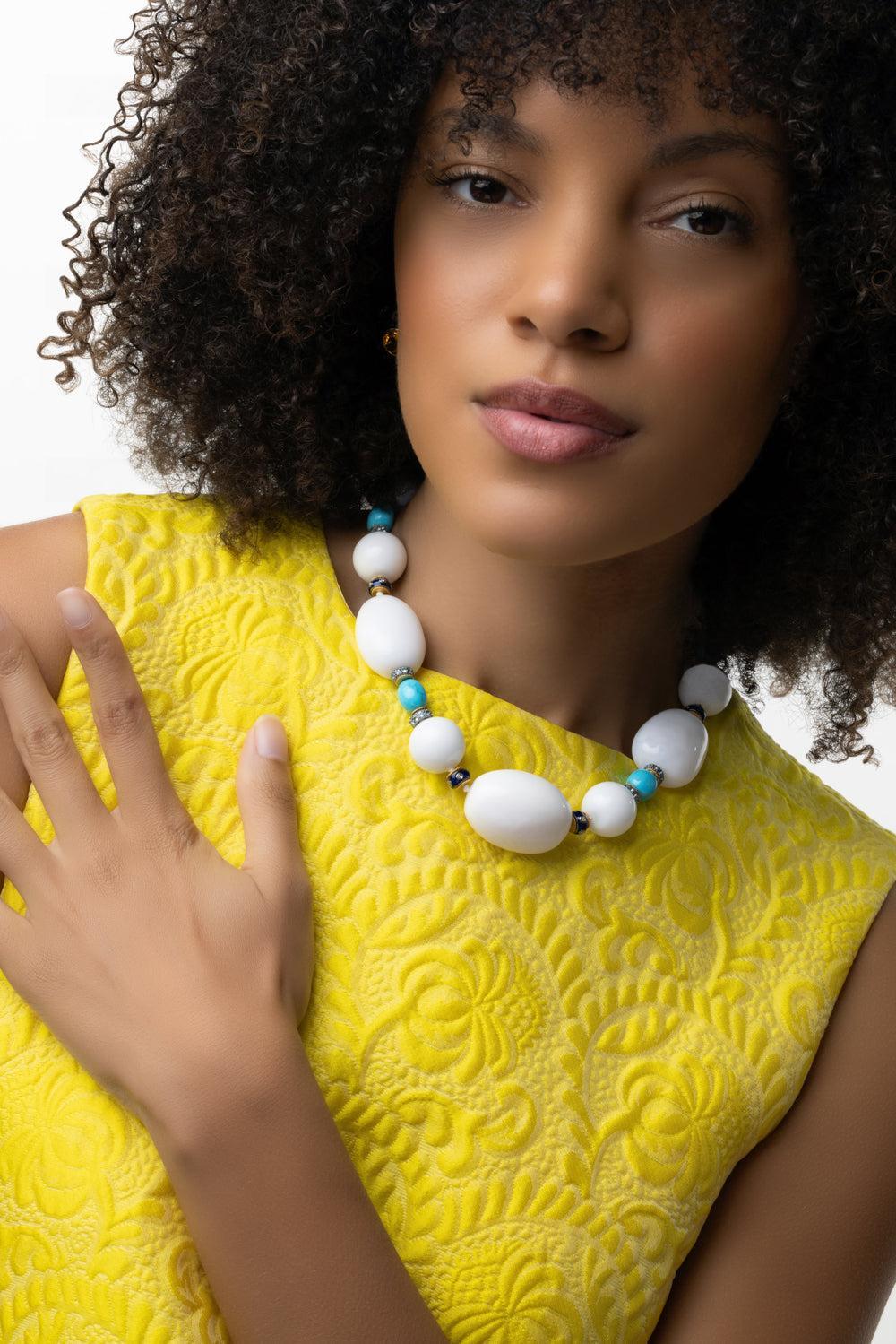 White Opal Turquoise Bead Necklace-YELLOW GOLD-17-JEWELRYFINE JEWELNECKLACE O-VERDURA
