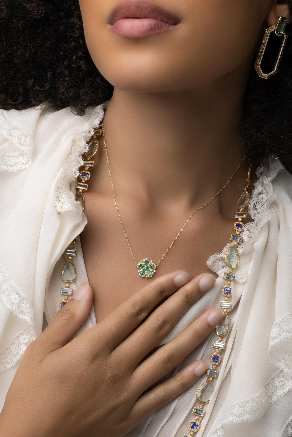 Jasmine Bloom Emerald Flower Necklace-YELLOW GOLD-16.5-JEWELRYFINE JEWELNECKLACE O-TANYA FARAH