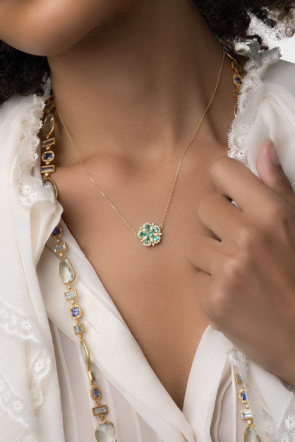 Jasmine Bloom Emerald Flower Necklace-YELLOW GOLD-16.5-JEWELRYFINE JEWELNECKLACE O-TANYA FARAH