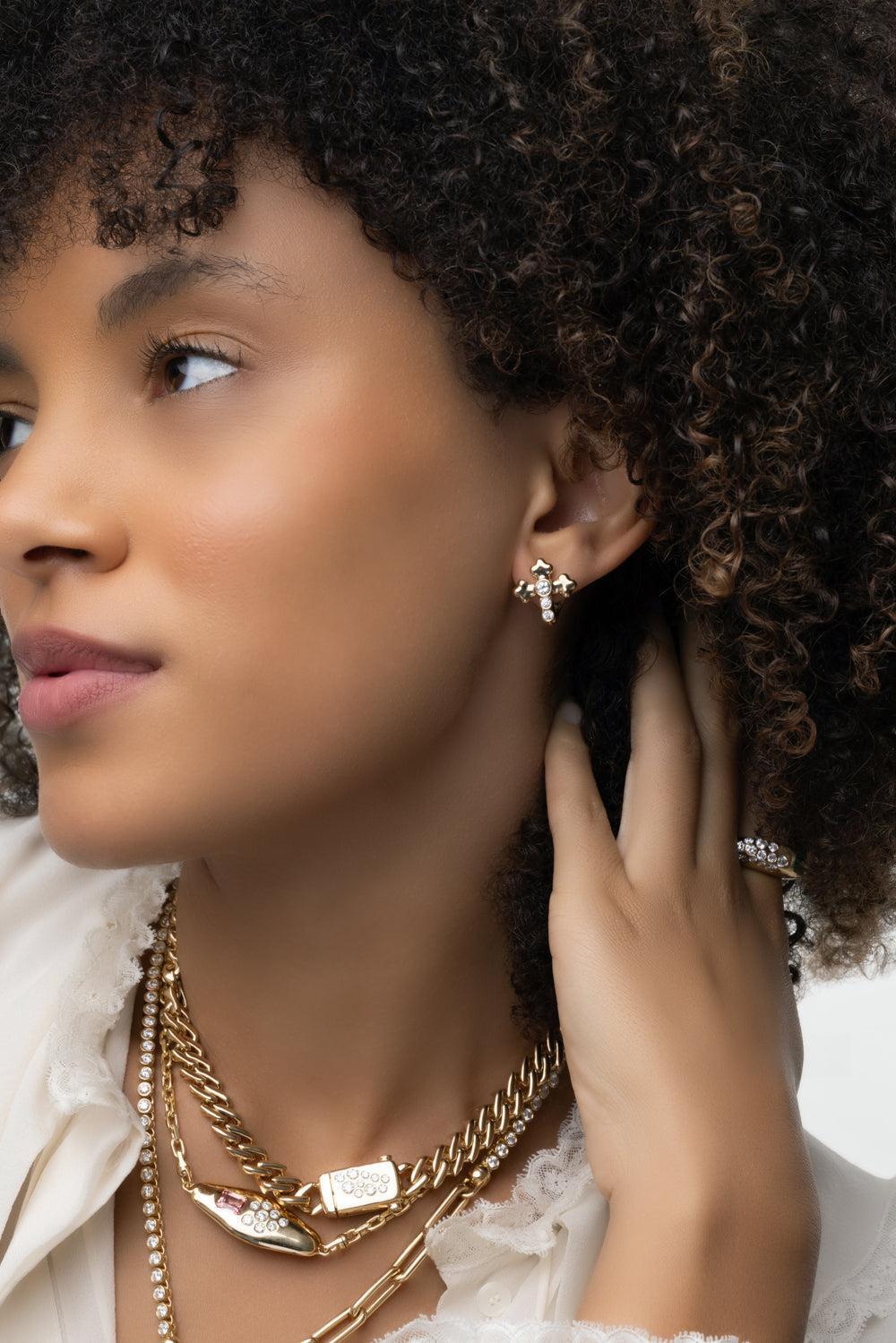Diamond Cross Huggie Earrings-YELLOW GOLD-JEWELRYFINE JEWELEARRING-UNIFORM OBJECT