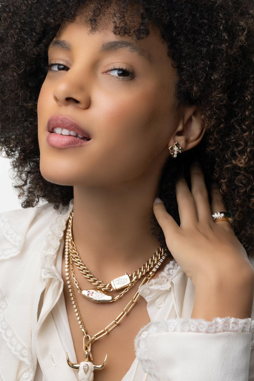 Diamond Cross Huggie Earrings-YELLOW GOLD-JEWELRYFINE JEWELEARRING-UNIFORM OBJECT