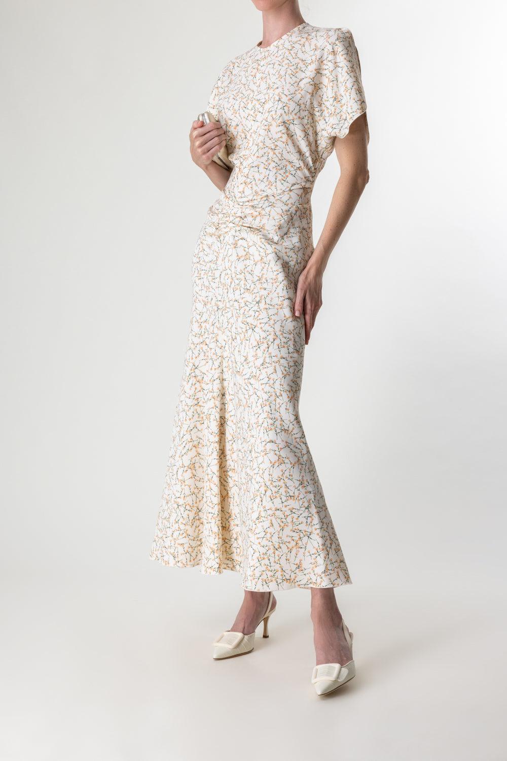 Gathered Waist Midi Dress - Floral Ovation Peach-FLRLPCH-2-CLOTHINGDRESSCASUAL-VICTORIA BECKHAM