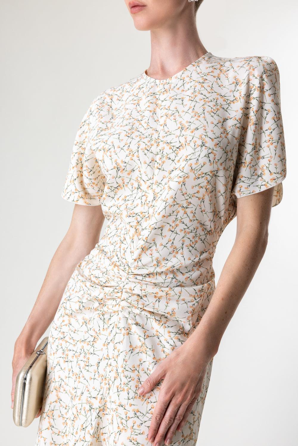Gathered Waist Midi Dress - Floral Ovation Peach-FLRLPCH-2-CLOTHINGDRESSCASUAL-VICTORIA BECKHAM