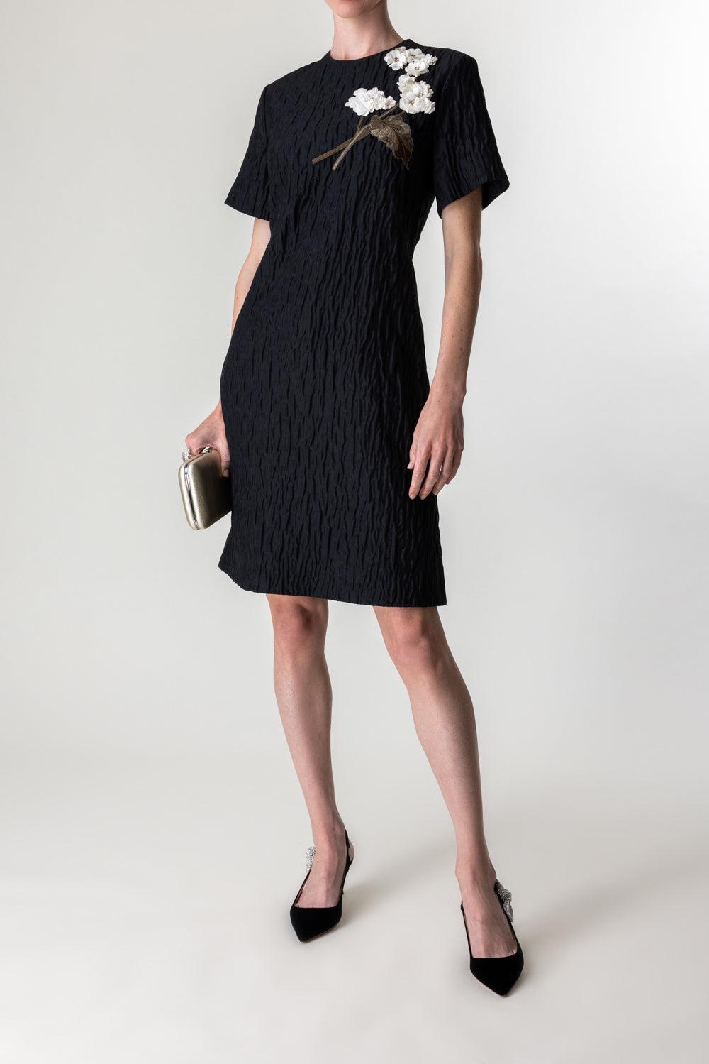 Embroidered Short Sleeve Dress-BLACK-2-CLOTHINGDRESSCASUAL-ERDEM