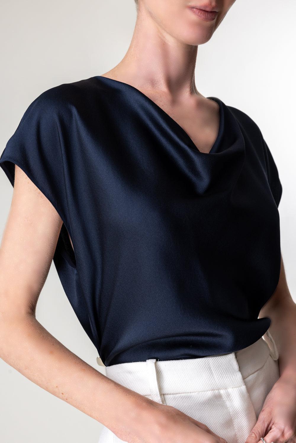 Cowl Neck Cap Sleeve Blouse - Coastal Blue-COASTLBL-XS-CLOTHINGTOPBLOUSE-VINCE