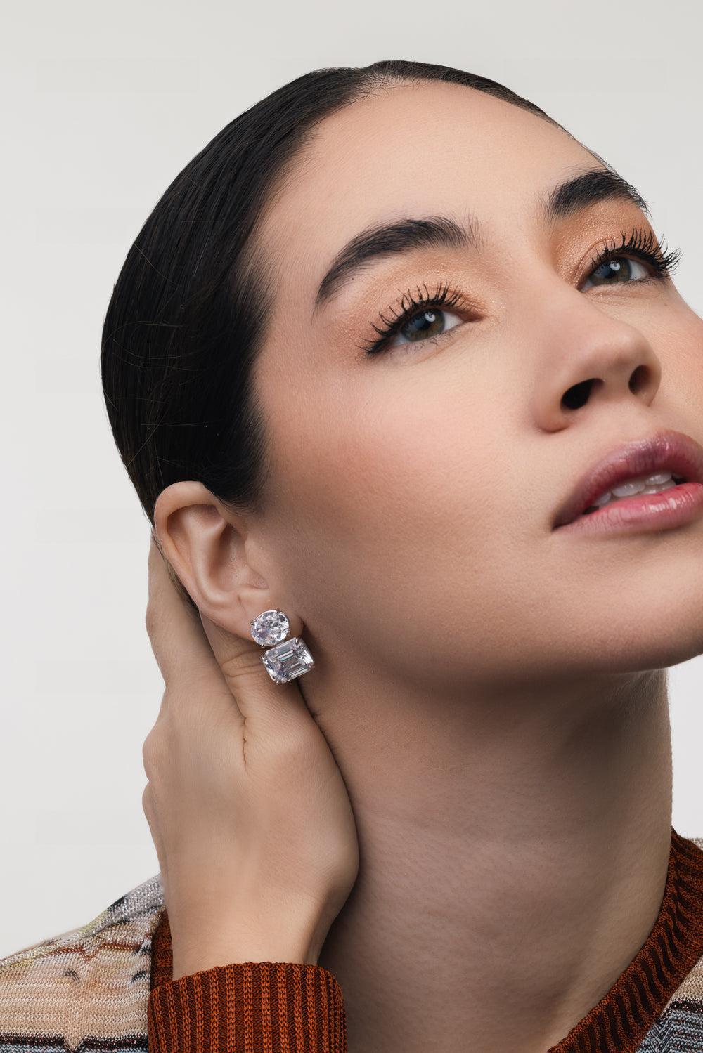 Oval Cz Double Stud Earrings-WHITE-JEWELRYBOUTIQUEEARRING-FANTASIA by DESERIO