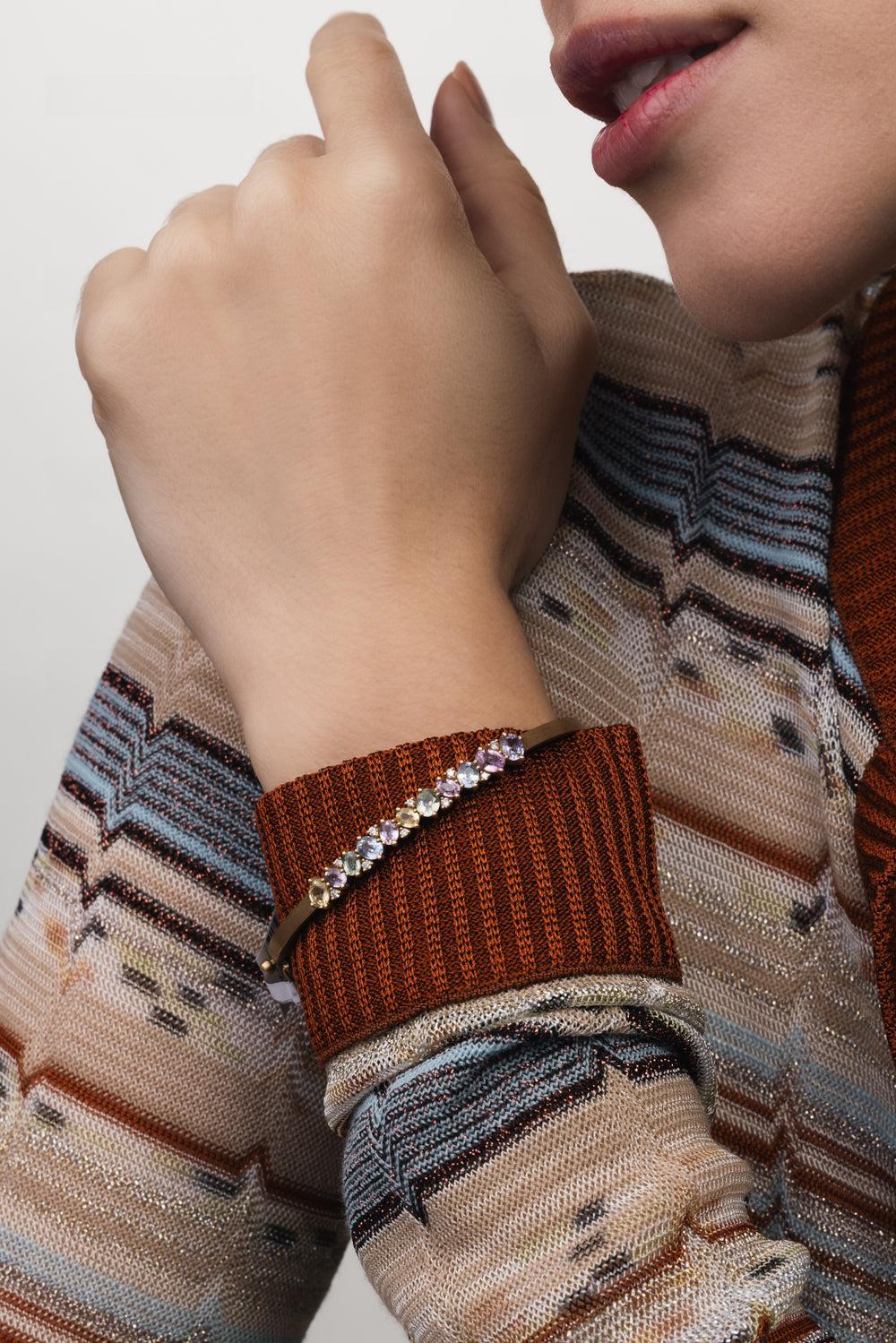 Multi Sapphire Diamond Bangle Bracelet-YELLOW GOLD-JEWELRYFINE JEWELBRACELET O-SUTRA