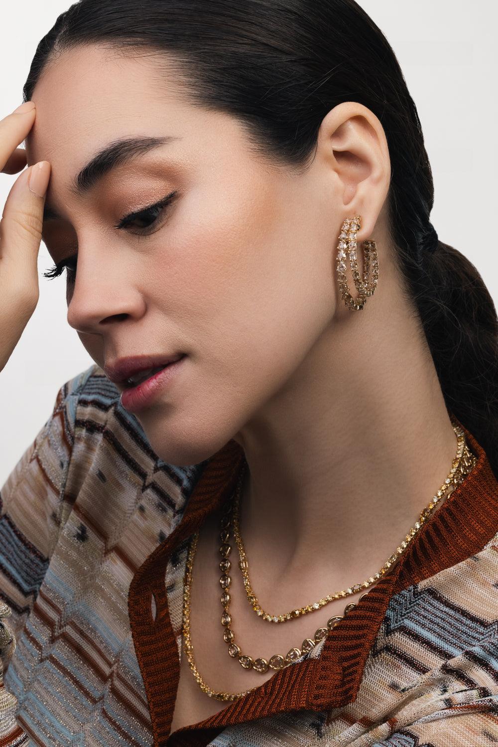 Double Diamond Hoop Earrings-YELLOW GOLD-JEWELRYFINE JEWELEARRING-SUTRA