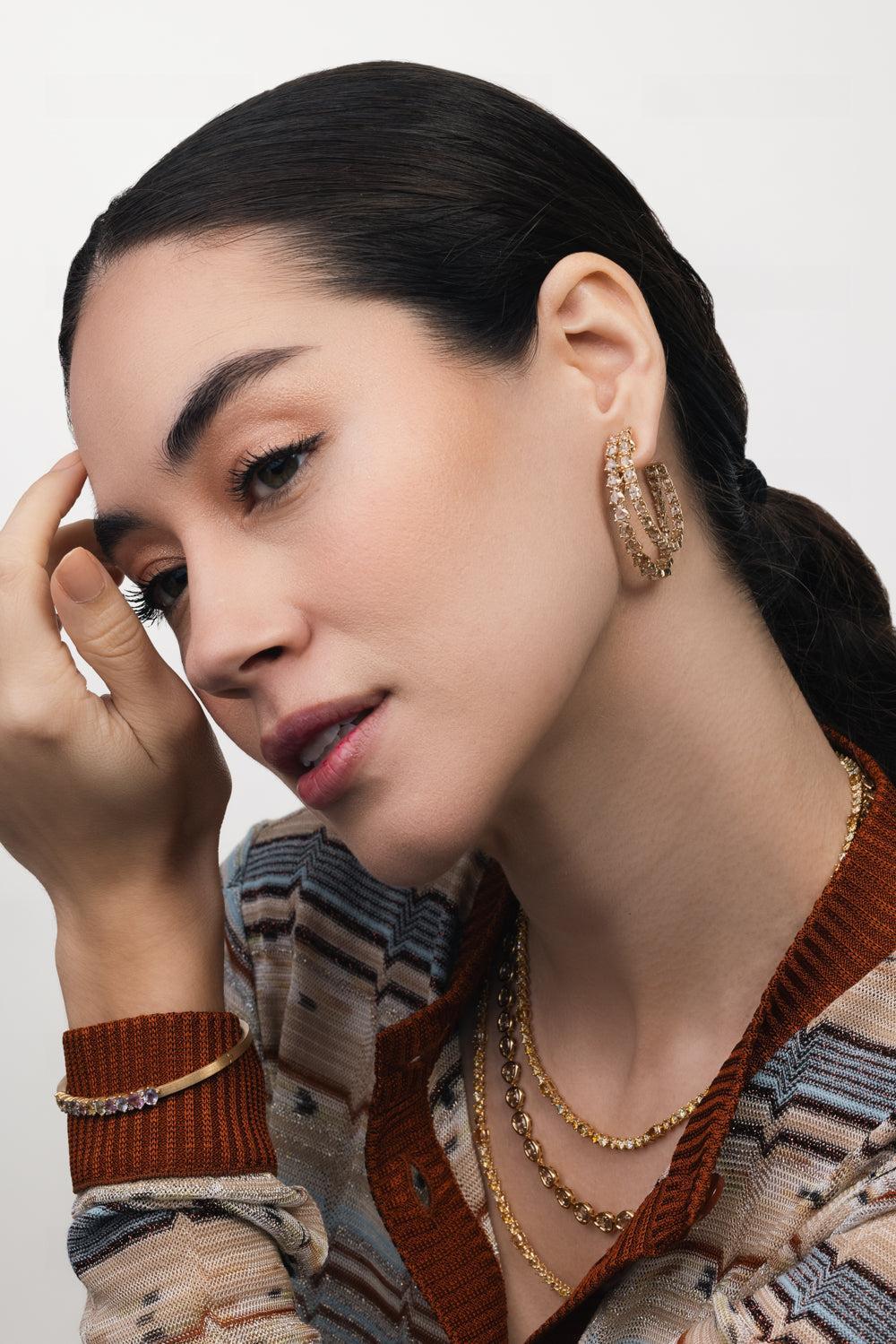 Double Diamond Hoop Earrings-YELLOW GOLD-JEWELRYFINE JEWELEARRING-SUTRA