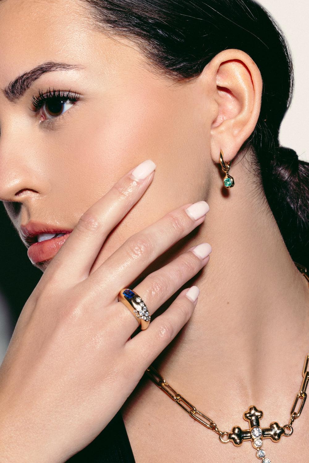 Emerald Carriage Huggie Earrings-YELLOW GOLD-JEWELRYFINE JEWELEARRING-UNIFORM OBJECT
