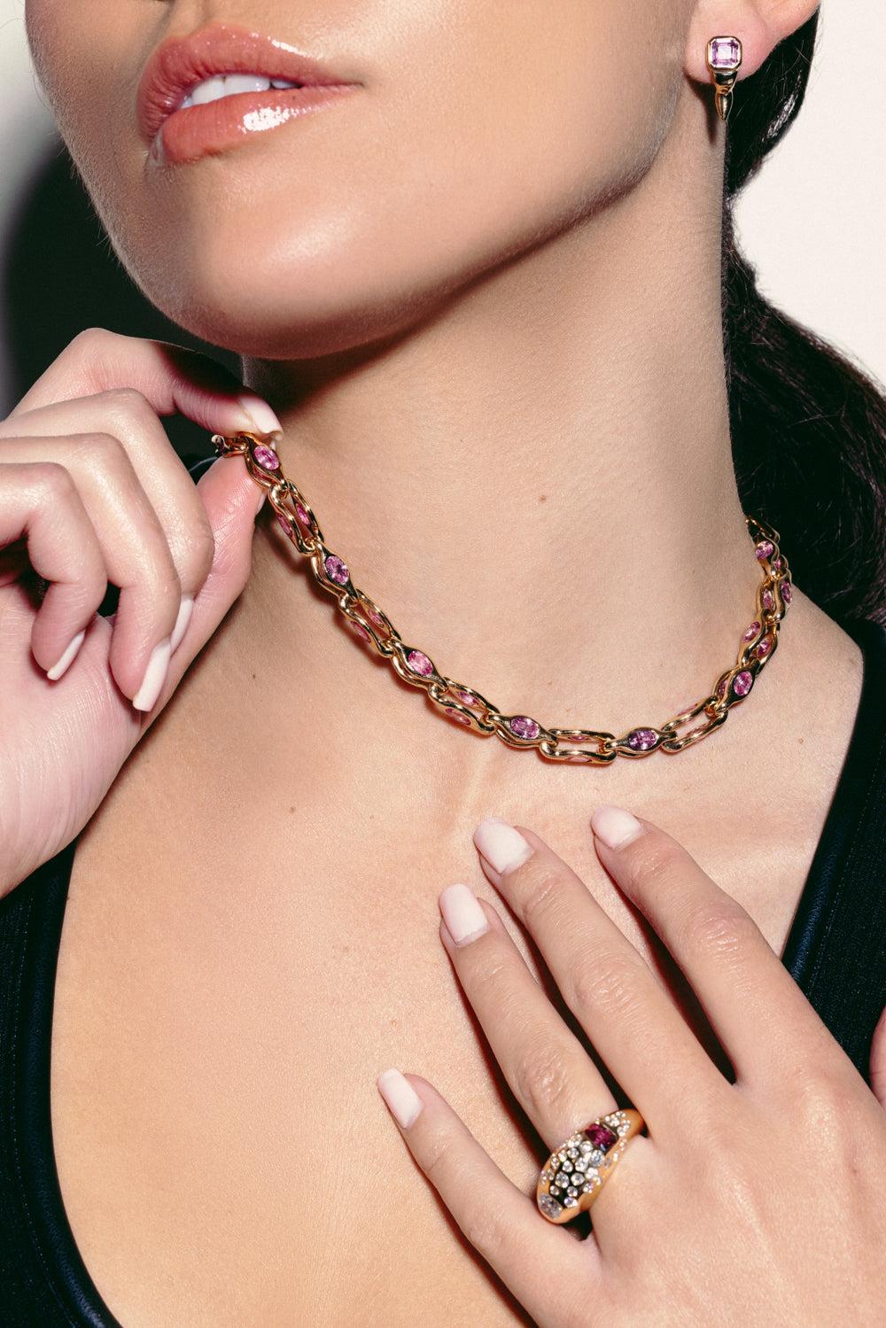 Pink Sapphire Gem Heavy Metal Necklace-YELLOW GOLD-JEWELRYFINE JEWELNECKLACE O-UNIFORM OBJECT