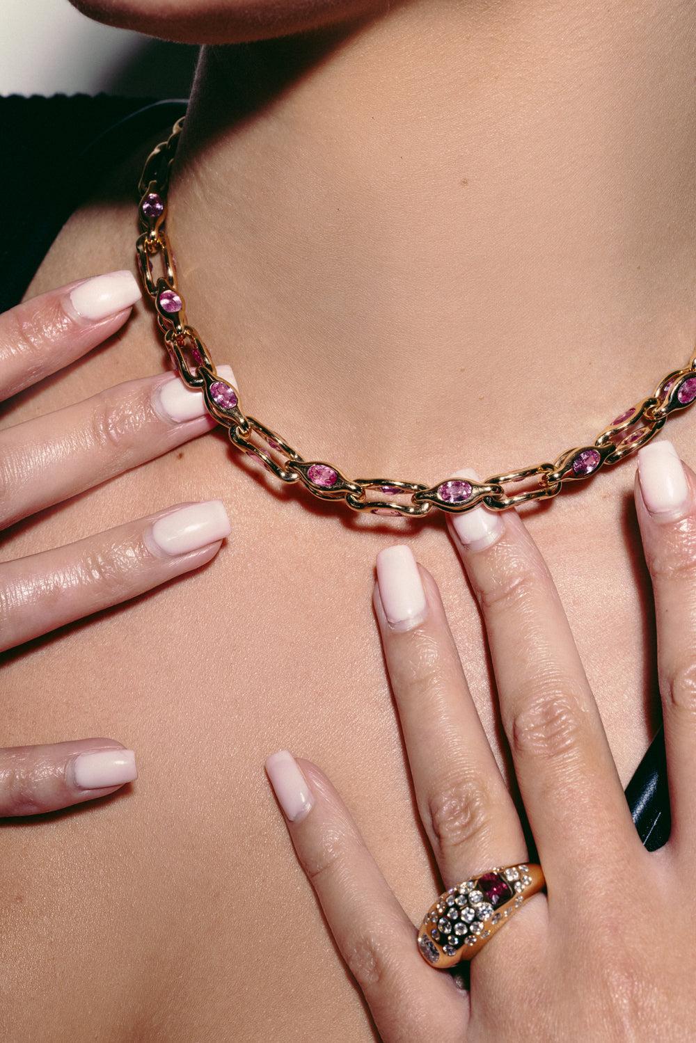 Pink Sapphire Gem Heavy Metal Necklace-YELLOW GOLD-JEWELRYFINE JEWELNECKLACE O-UNIFORM OBJECT