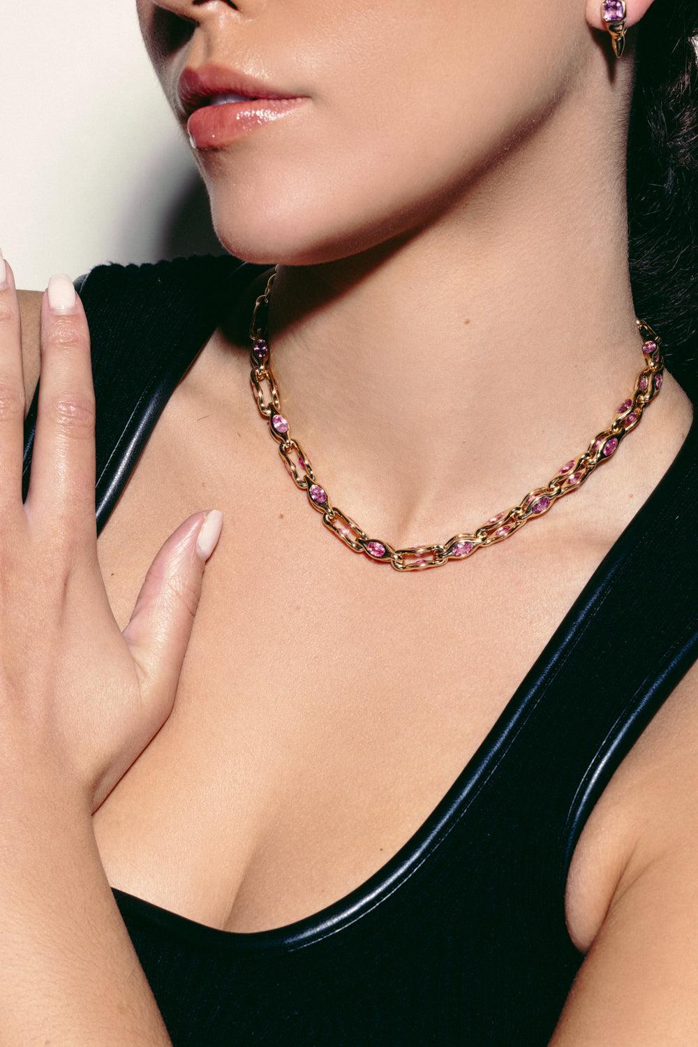 Pink Sapphire Gem Heavy Metal Necklace-YELLOW GOLD-JEWELRYFINE JEWELNECKLACE O-UNIFORM OBJECT