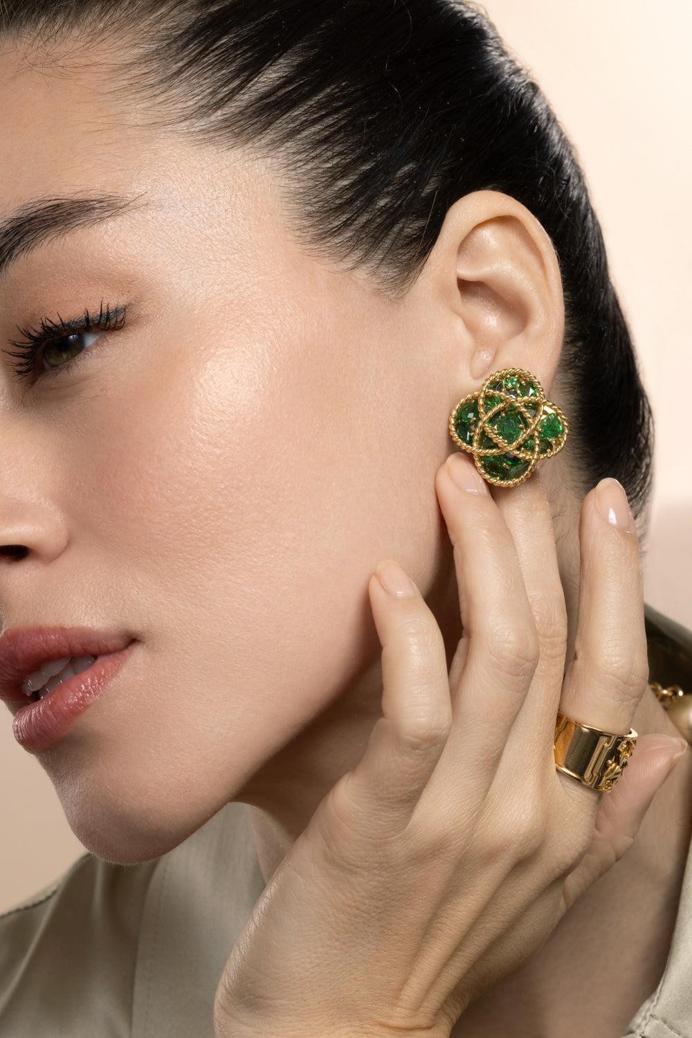 Tsavorite Garnet Quatrefoil Earrings-YELLOW GOLD-JEWELRYFINE JEWELEARRING-VERDURA