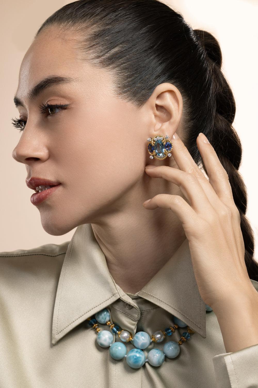Aquamarine Sapphire Quatrefoil Earrings-YELLOW GOLD-JEWELRYFINE JEWELEARRING-VERDURA