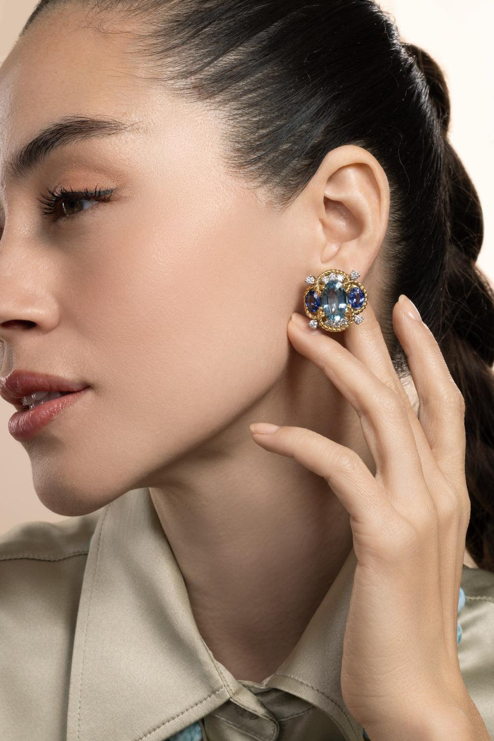Aquamarine Sapphire Quatrefoil Earrings-YELLOW GOLD-JEWELRYFINE JEWELEARRING-VERDURA