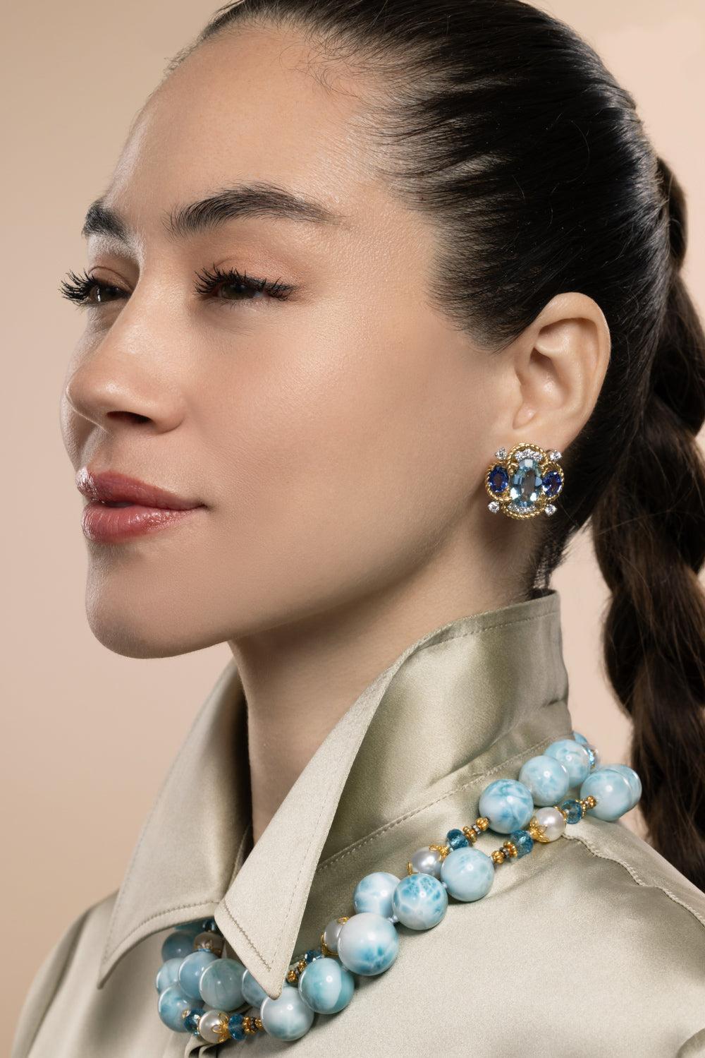 Aquamarine Sapphire Quatrefoil Earrings-YELLOW GOLD-JEWELRYFINE JEWELEARRING-VERDURA