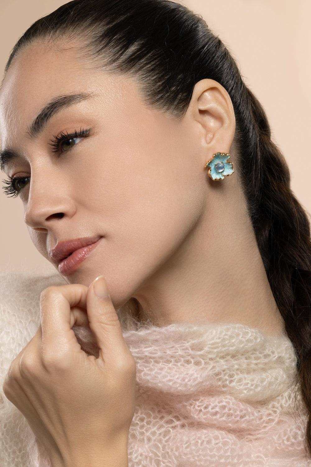 Moonstone Blue Flower Earrings-YELLOW GOLD-JEWELRYFINE JEWELEARRING-VICTOR VELYAN