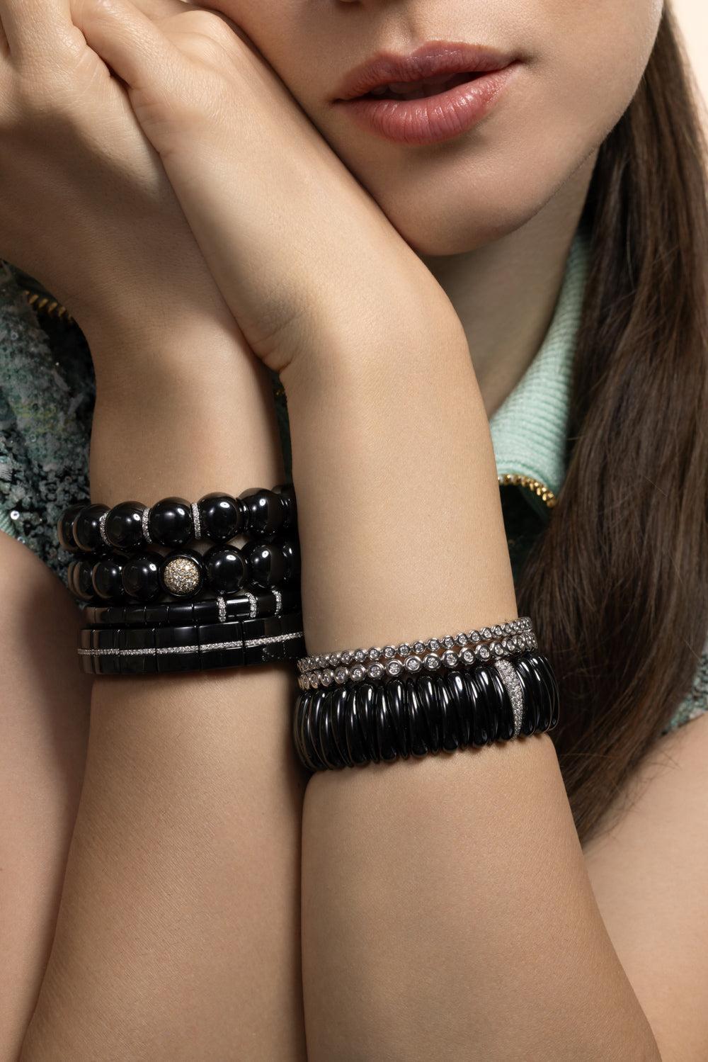 Diamond Three Bar Black Dama Stretch Bracelet-WHITE GOLD-JEWELRYFINE JEWELBRACELET O-ROBERTO DEMEGLIO