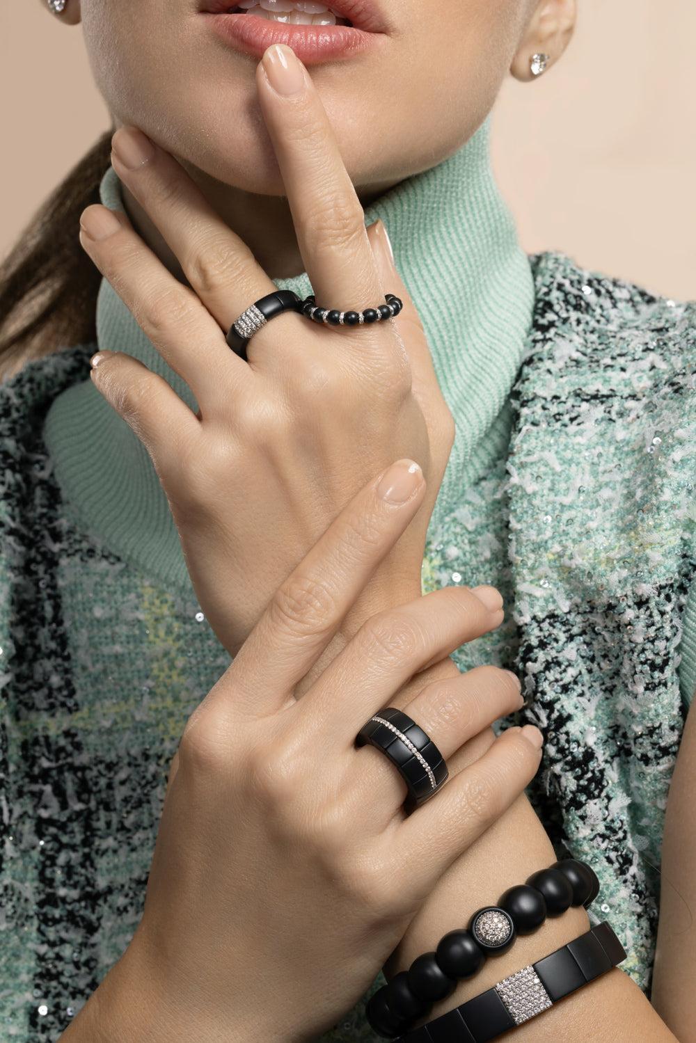 Diamond Five Bar Matte Black Domino Luco Stretch Ring-WHITE GOLD-5-JEWELRYFINE JEWELRING-ROBERTO DEMEGLIO