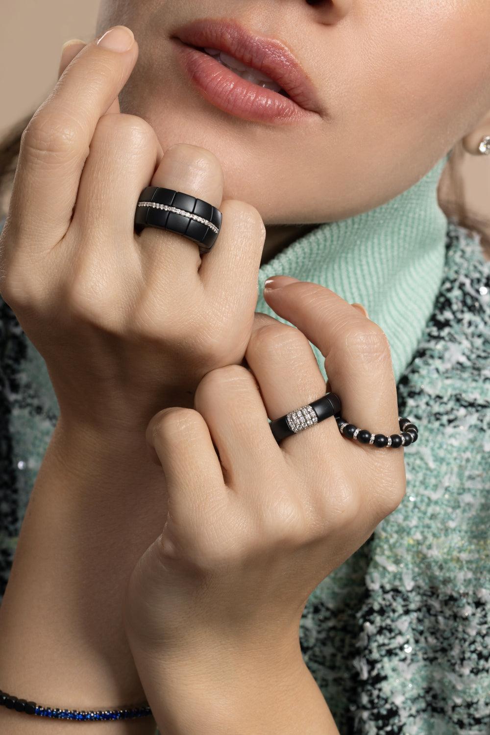 Diamond Five Bar Matte Black Domino Luco Stretch Ring-WHITE GOLD-5-JEWELRYFINE JEWELRING-ROBERTO DEMEGLIO