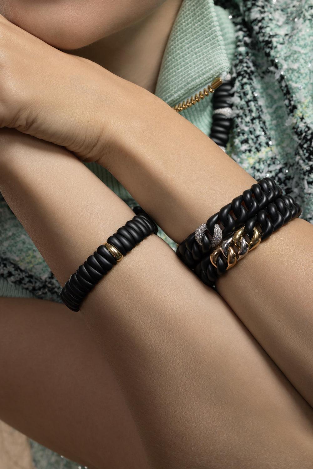 Diamond Three Link Matte Groumette Stretch Bracelet-YELLOW GOLD-JEWELRYFINE JEWELBRACELET O-ROBERTO DEMEGLIO