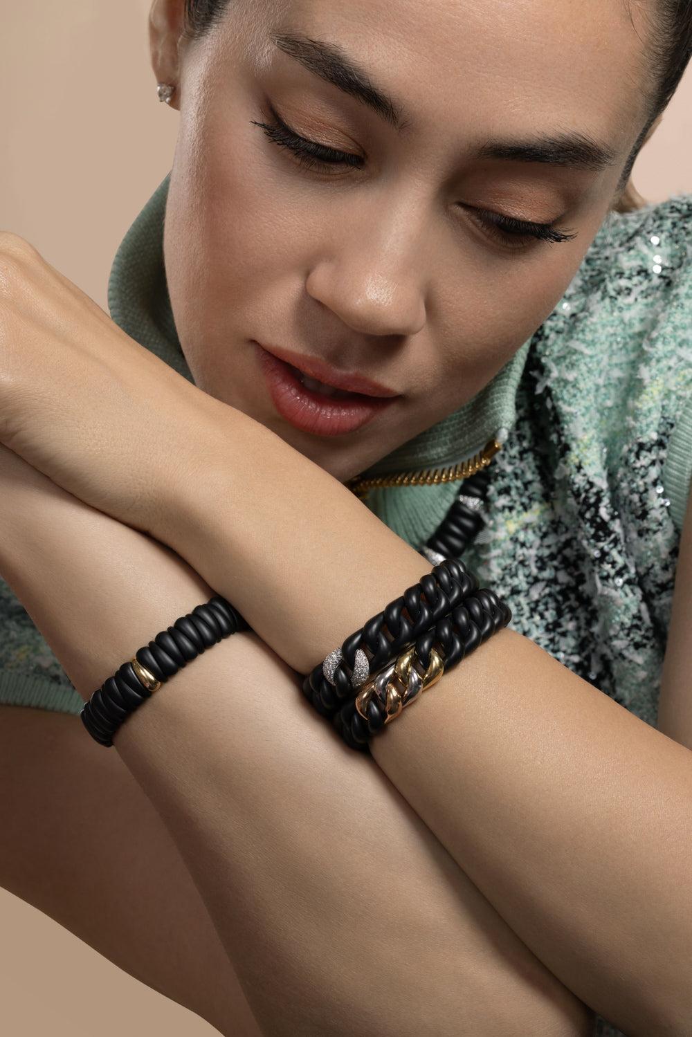 Diamond Three Link Matte Groumette Stretch Bracelet-YELLOW GOLD-JEWELRYFINE JEWELBRACELET O-ROBERTO DEMEGLIO