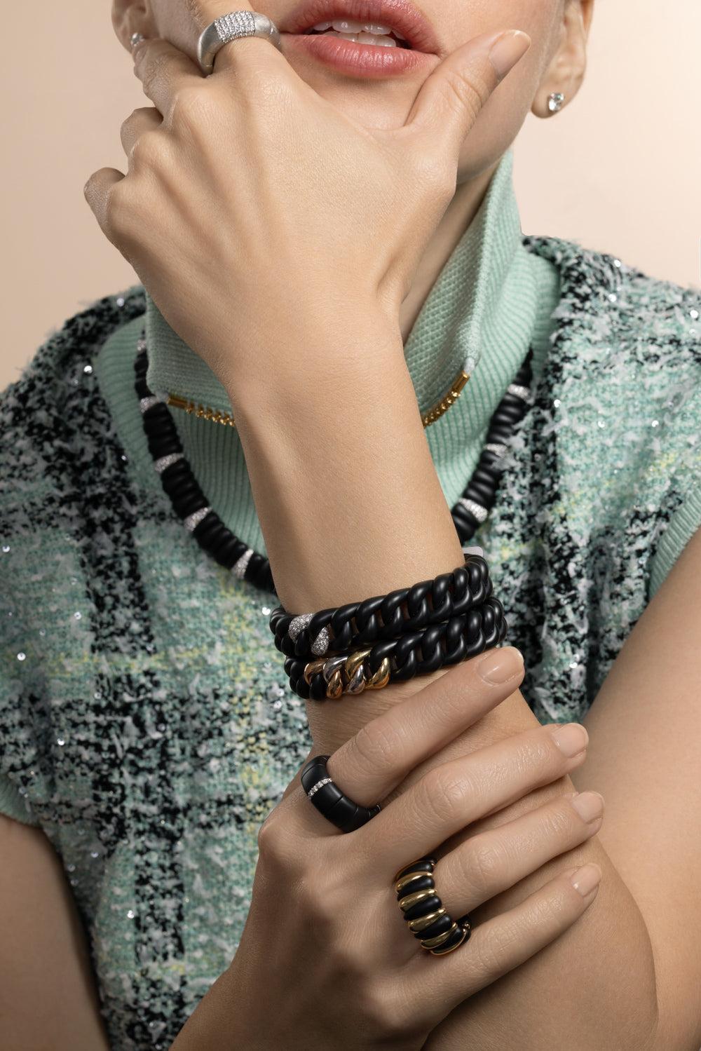 Diamond Three Link Matte Groumette Stretch Bracelet-YELLOW GOLD-JEWELRYFINE JEWELBRACELET O-ROBERTO DEMEGLIO
