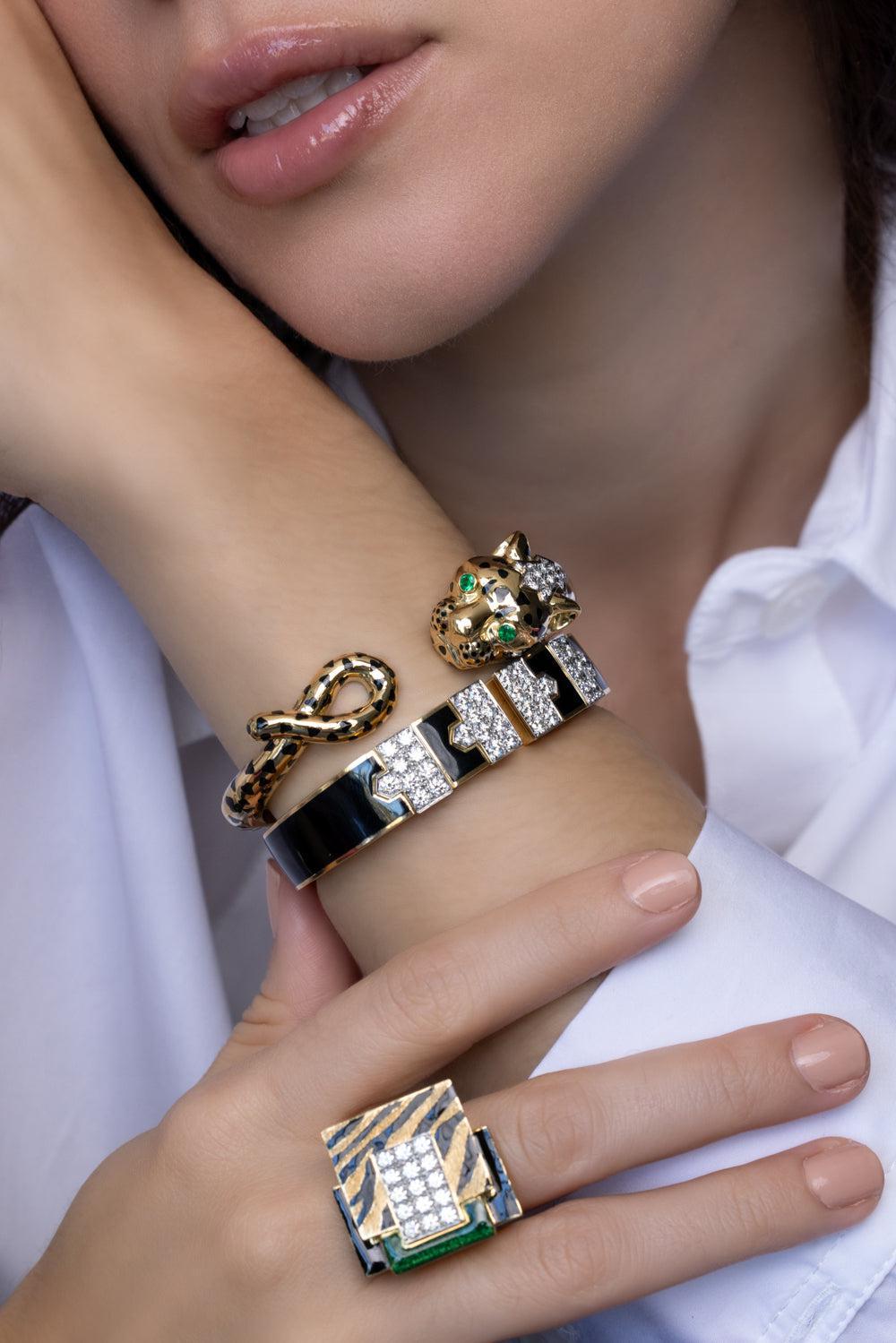 Black Enamel Diamond Lane Bracelet-YELLOW GOLD-JEWELRYFINE JEWELBRACELET O-DAVID WEBB