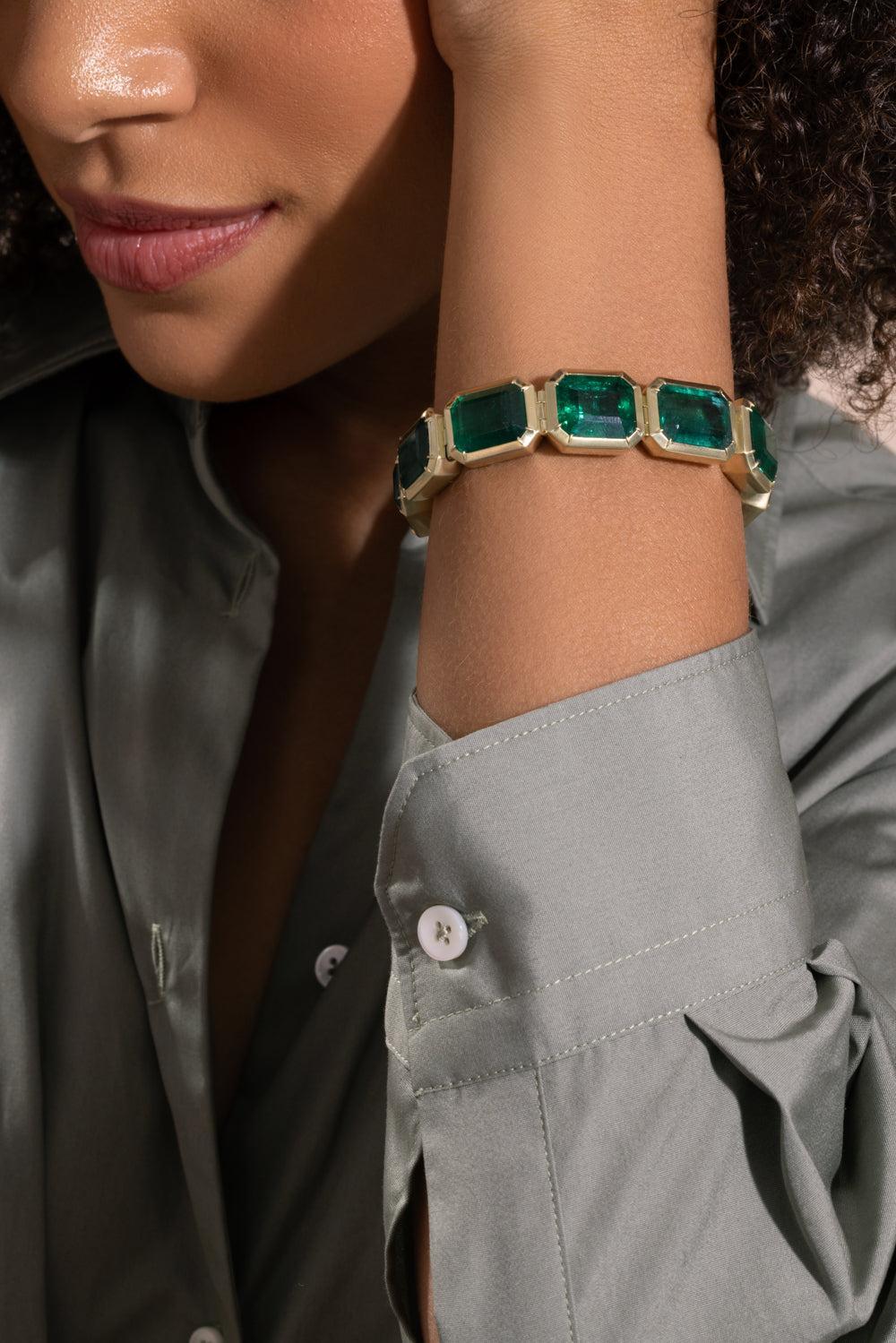 Emerald Diamond Tennis Bracelet-YELLOW GOLD-JEWELRYFINE JEWELBRACELET O-SYLVA & CIE