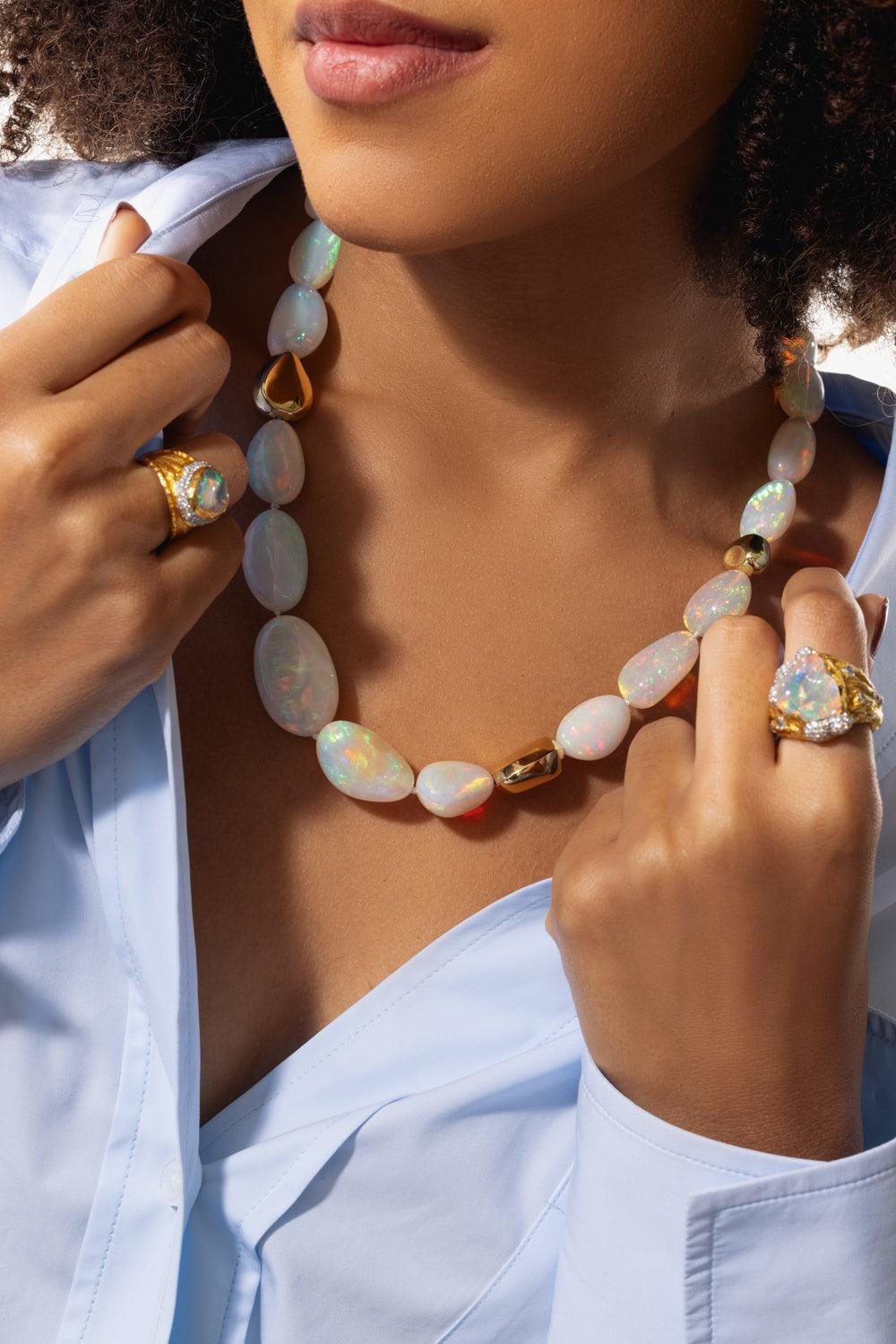 Ethiopian Opal Smooth Necklace-YELLOW GOLD-JEWELRYFINE JEWELNECKLACE O-VICTOR VELYAN