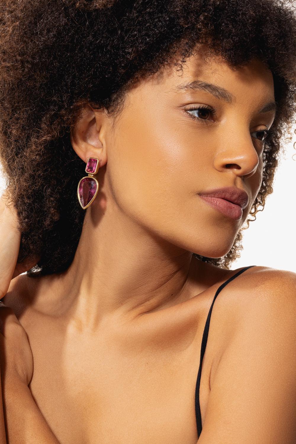 Rubelite G-One Drop Earrings-YELLOW GOLD-JEWELRYFINE JEWELEARRING-GOSHWARA