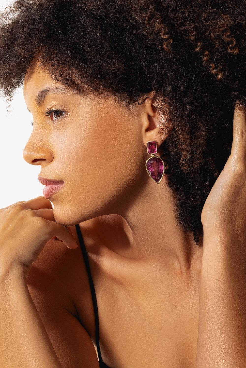 Rubelite G-One Drop Earrings-YELLOW GOLD-JEWELRYFINE JEWELEARRING-GOSHWARA
