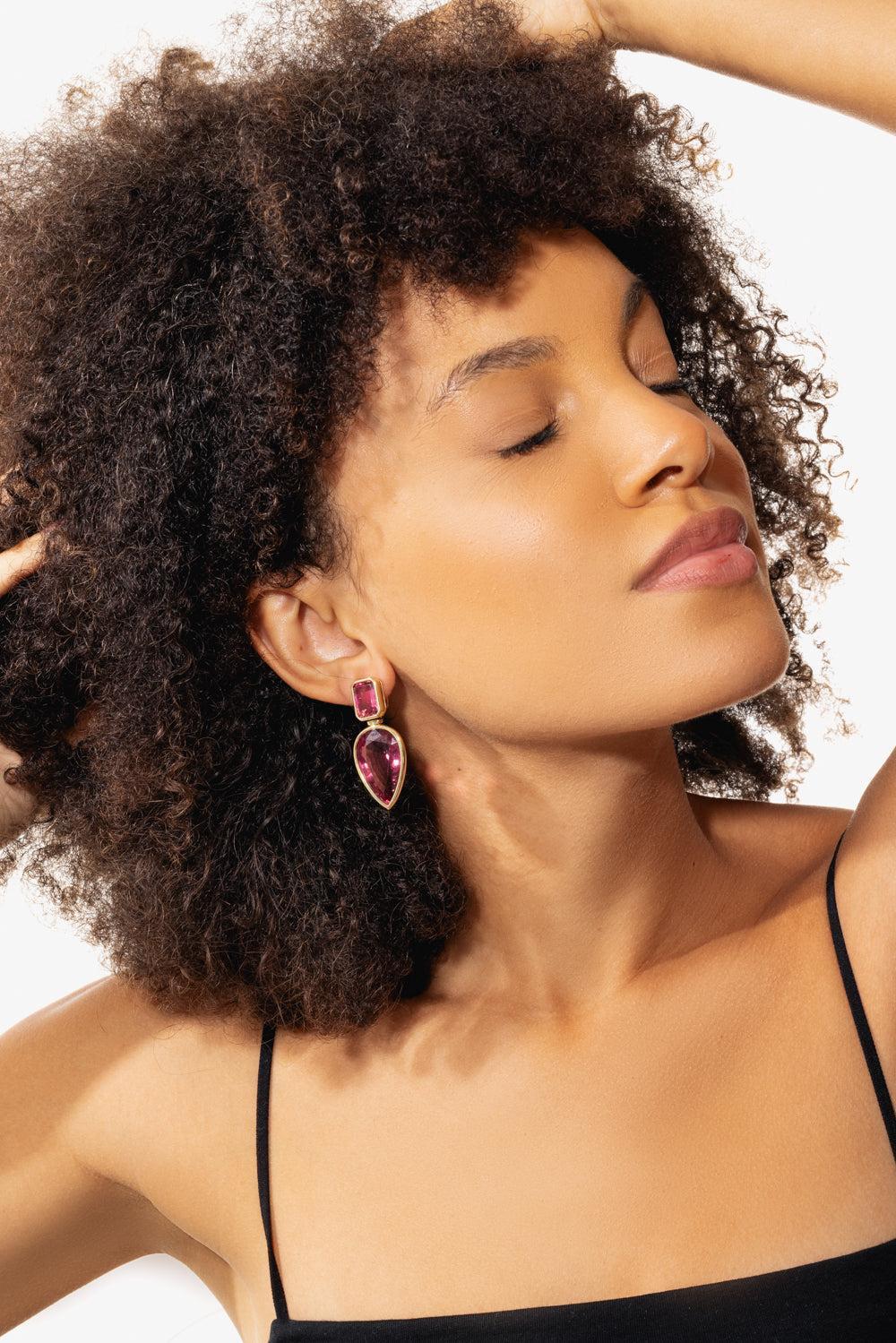 Rubelite G-One Drop Earrings-YELLOW GOLD-JEWELRYFINE JEWELEARRING-GOSHWARA