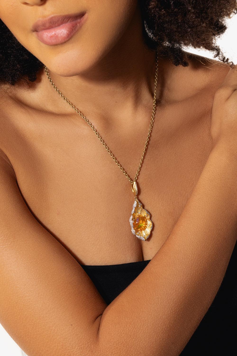Mexican Fire Opal Pendant-YELLOW GOLD-JEWELRYFINE JEWELPENDANT-VICTOR VELYAN