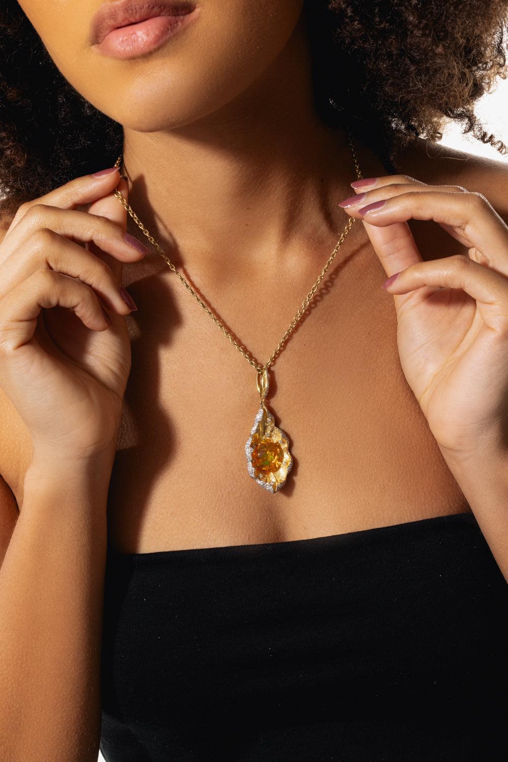 Mexican Fire Opal Pendant-YELLOW GOLD-JEWELRYFINE JEWELPENDANT-VICTOR VELYAN