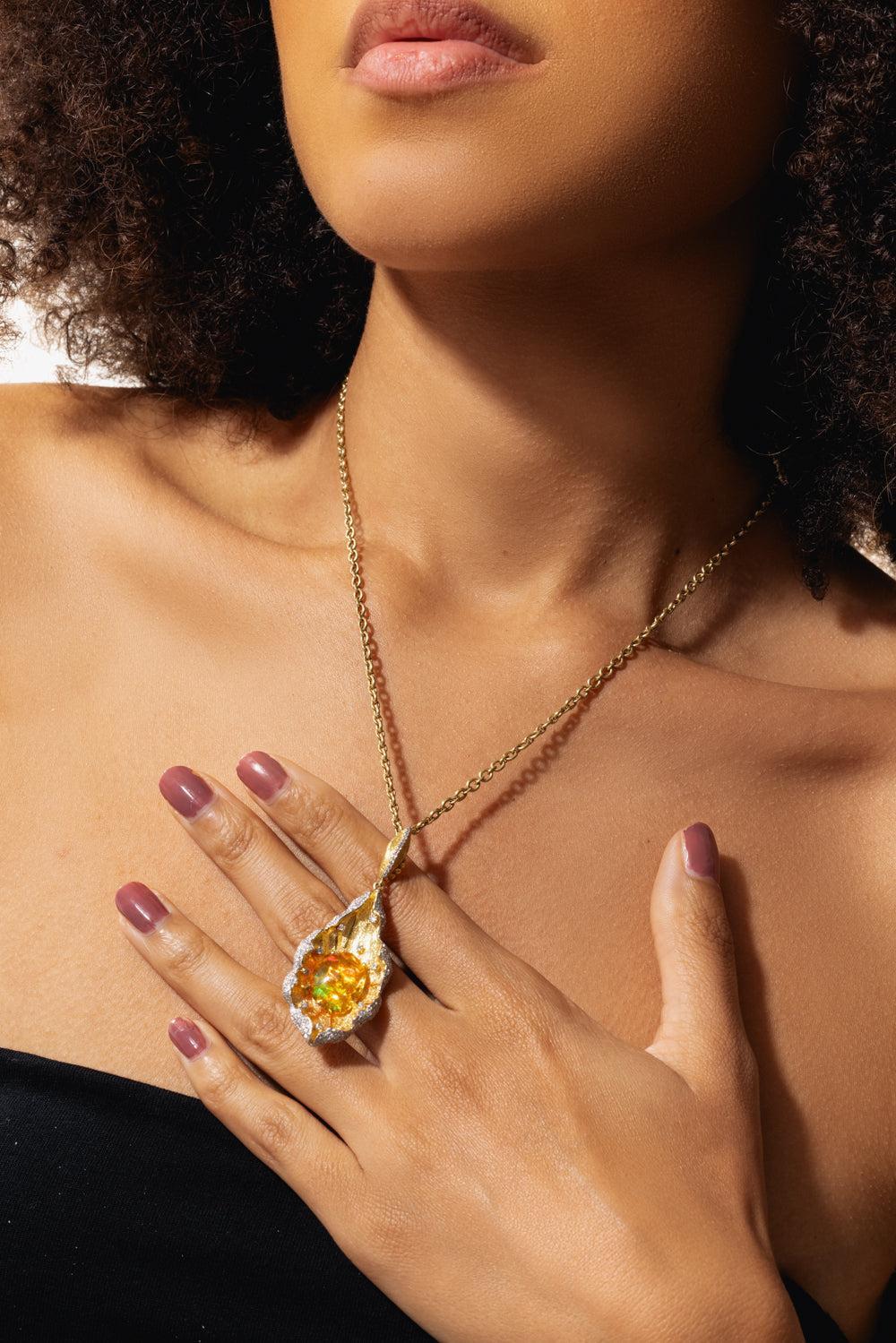 Mexican Fire Opal Pendant-YELLOW GOLD-JEWELRYFINE JEWELPENDANT-VICTOR VELYAN