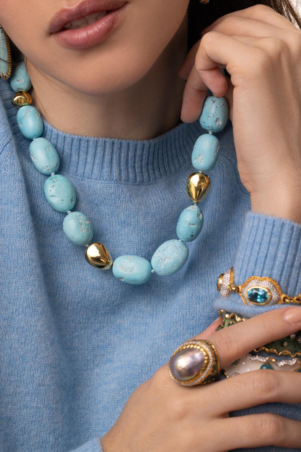 Sleeping Beauty Turquoise Necklace-YELLOW GOLD-JEWELRYFINE JEWELNECKLACE O-VICTOR VELYAN