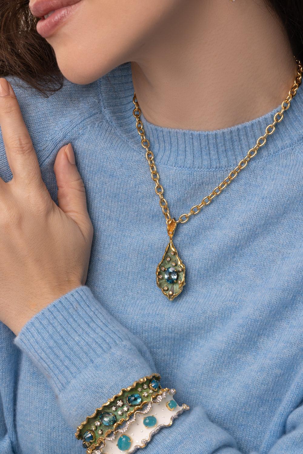 Blue Zircon Diamond Pendant-SILVER-JEWELRYFINE JEWELPENDANT-VICTOR VELYAN