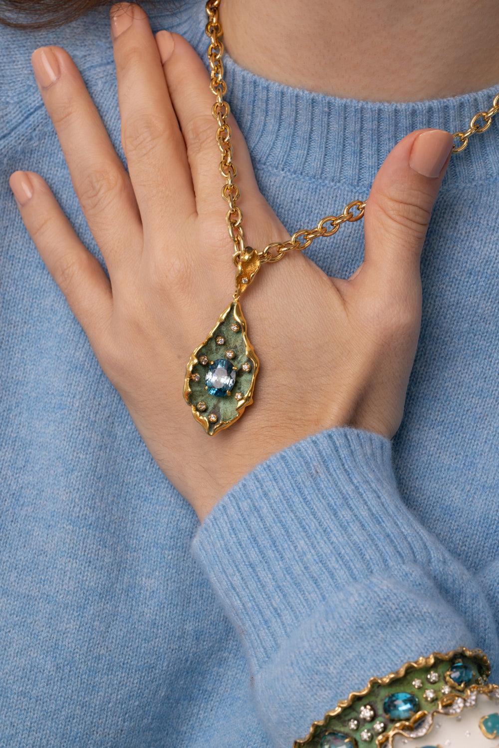 Blue Zircon Diamond Pendant-SILVER-JEWELRYFINE JEWELPENDANT-VICTOR VELYAN