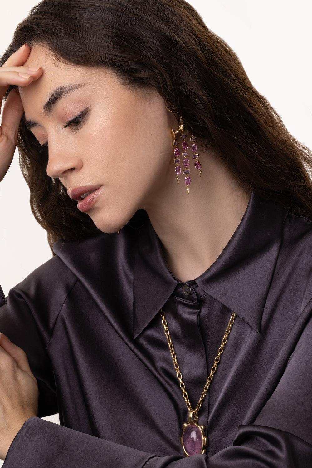 Pink Sapphire Chrona Chandelier Earrings-YELLOW GOLD-JEWELRYFINE JEWELEARRING-VRAM
