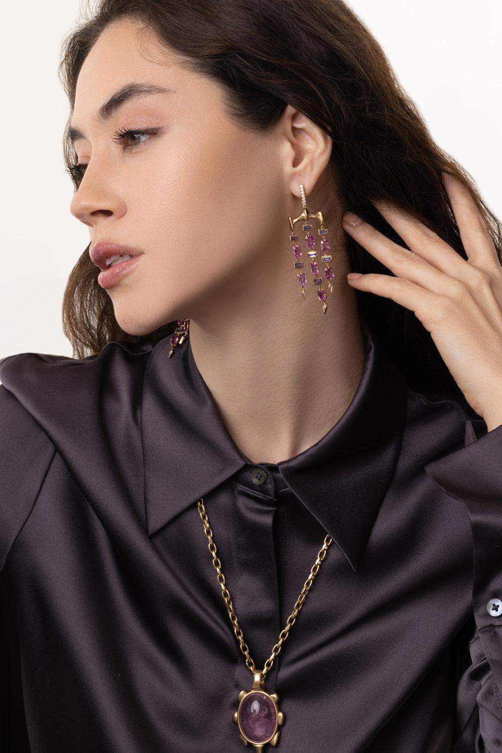 Pink Sapphire Chrona Chandelier Earrings-YELLOW GOLD-JEWELRYFINE JEWELEARRING-VRAM