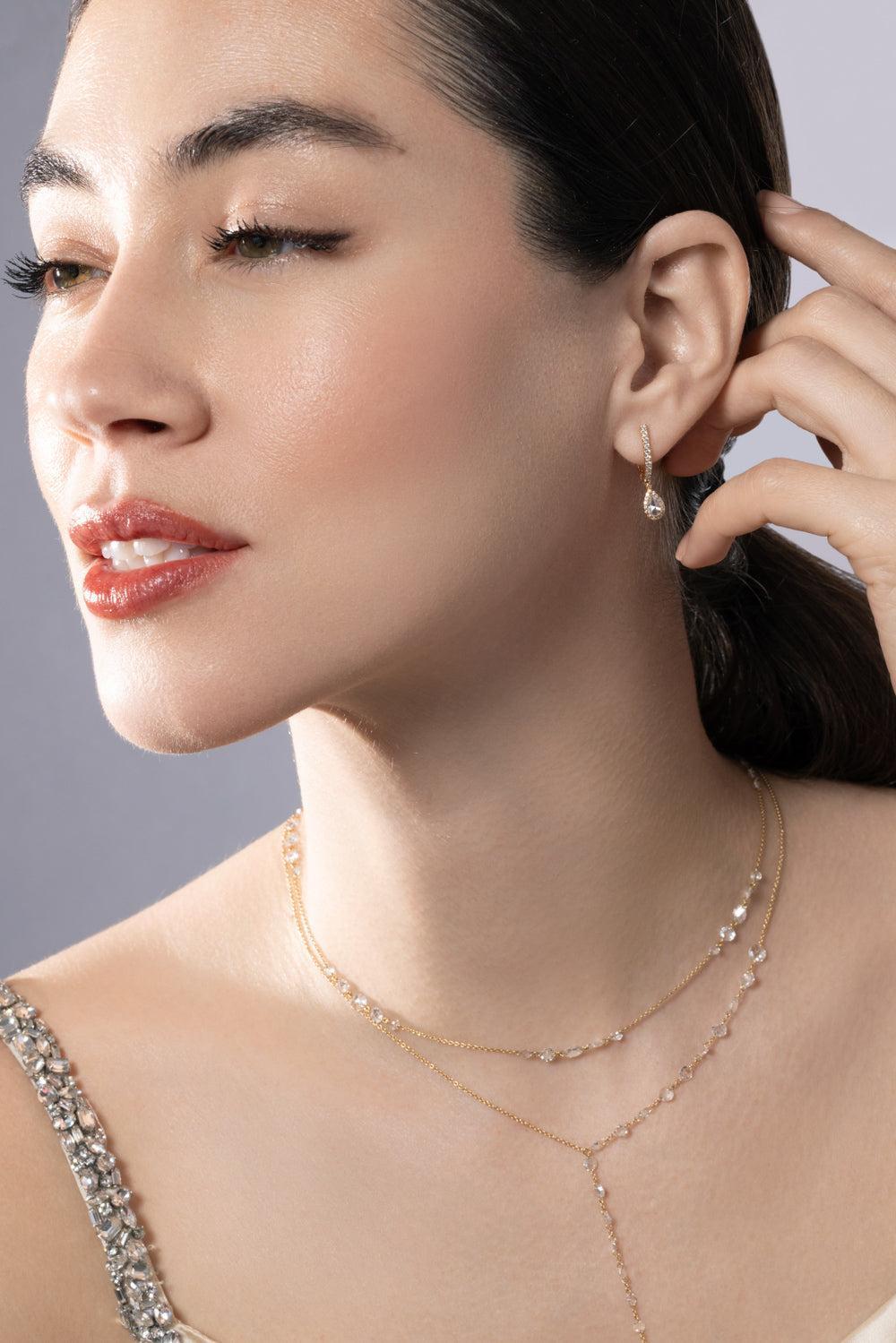 Diamond One Scallop Pear Drop Earrings-YELLOW GOLD-JEWELRYFINE JEWELEARRING-64 FACETS